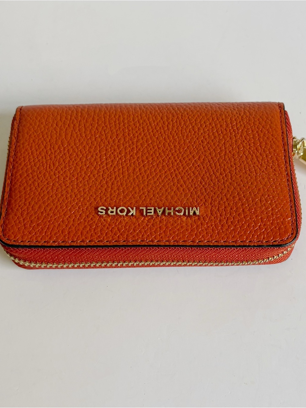 Michael Kors Orange Textured Leather Zip Card Wallet